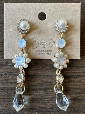 Gold Pearl & Crystal Dangle Earrings - White